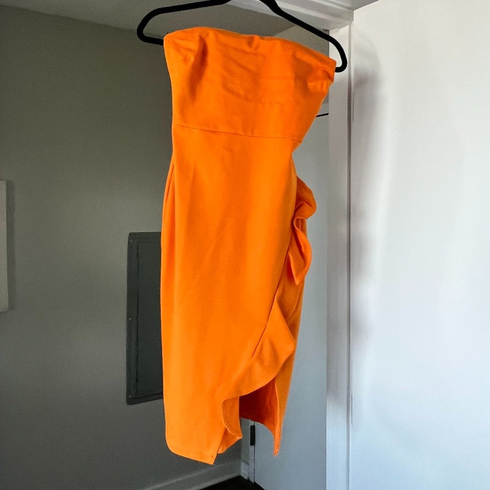 Lulu's Strapless Orange Midi Dress with Side Split